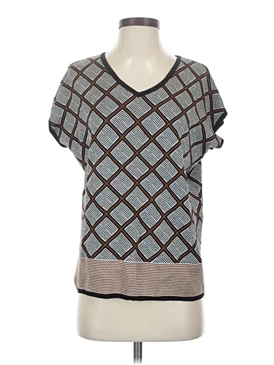 Pre-owned Coldwater Creek Short Sleeve Silk Top Gray Argyle Pattern V-neck Tops