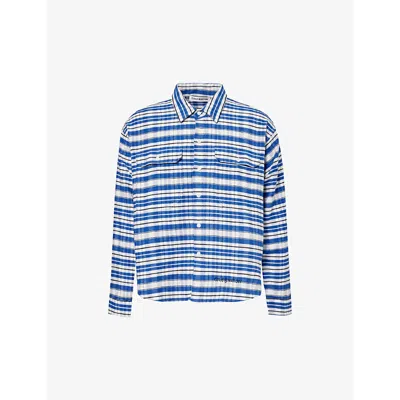 Cole Buxton Mens Blue Black White Checked Logo-embroidered Cotton Shirt In Blue/black/white