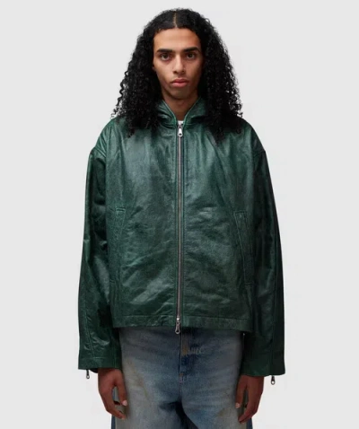 Cole Buxton Hooded Leather Jacket In Cracked Green