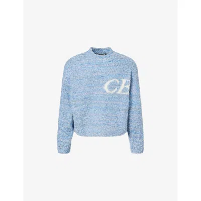 Cole Buxton Mens Blue Intarsia-logo Bouclé Wool-blend Jumper