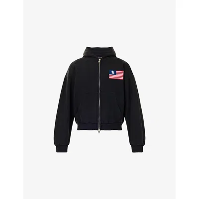 Cole Buxton Mens Vintage Black Embroidered-flag Long-sleeves Cotton Hoody