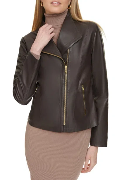 Cole Haan Moulded Collar Asymmetric Leather Jacket - Beige Size Small In Espresso