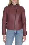 Cole Haan Band Collar Leather Moto Jacket In Burgundy