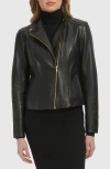 Cole Haan Band Collar Leather Moto Jacket In Black