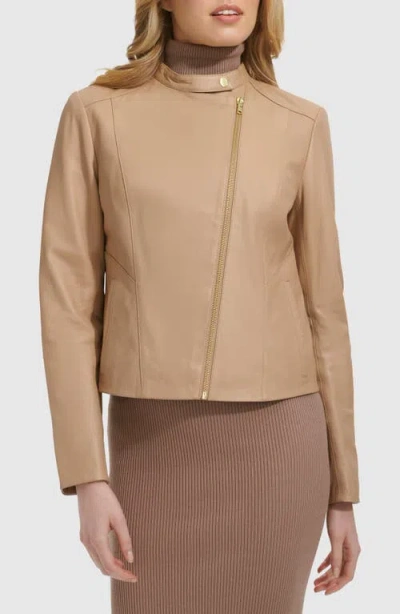 Cole Haan Band Collar Leather Moto Jacket In Sesame