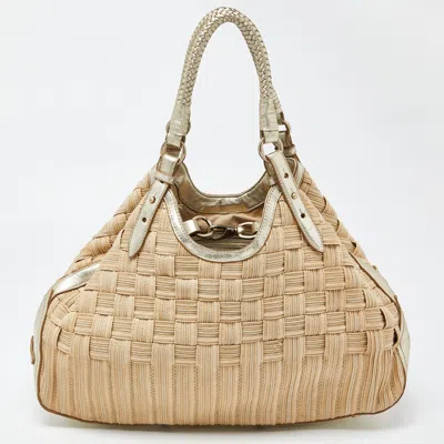 Cole Haan Beige/gold Woven Canvas And Leather Satchel In Sand