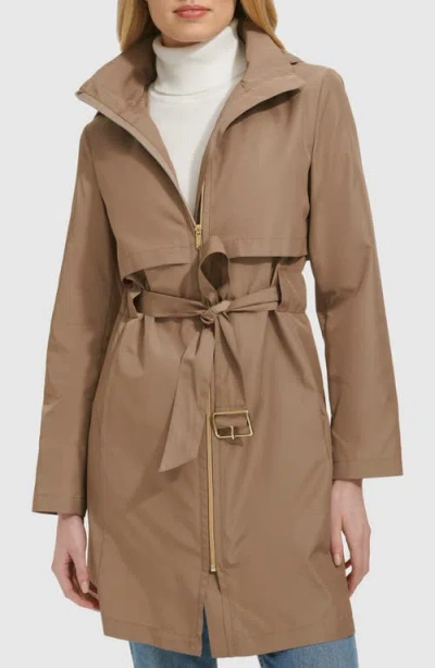 Cole Haan Belted Travel Packable Hooded Rain Jacket In Brown