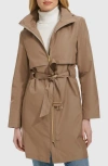 Cole Haan Belted Travel Packable Hooded Rain Jacket In Champagne