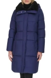 Cole Haan Channel Quilted Shimmer Nylon Puffer Coat With Removable Hood In Navy