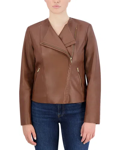 Cole Haan Asymmetrical Leather Jacket In Hickory Brown