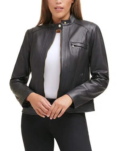 Cole Haan Band Collar Leather Moto Jacket In Black