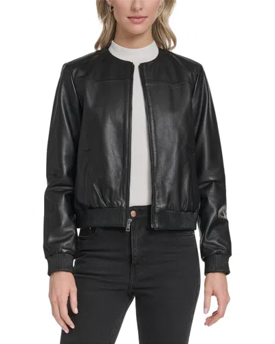 Cole Haan Collarless Leather Bomber Jacket In Black