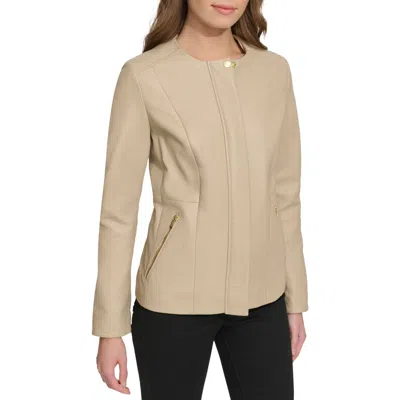 Cole Haan Collarless Leather Jacket In Nude