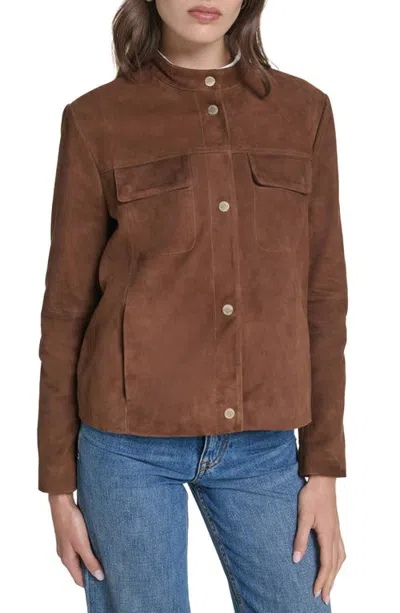 Cole Haan Convertible Collar Leather Jacket In Brown