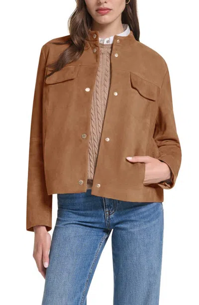Cole Haan Convertible Collar Leather Jacket In Brown