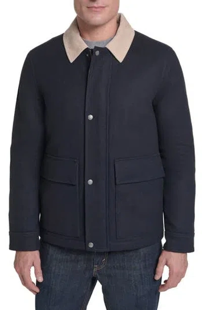 Cole Haan Corduroy Collar Wool Blend Barn Coat In Blue