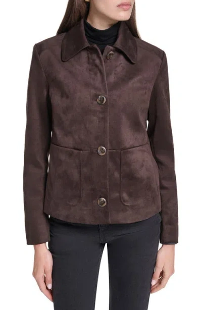 Cole Haan Faux Suede Button Front Jacket In Brown