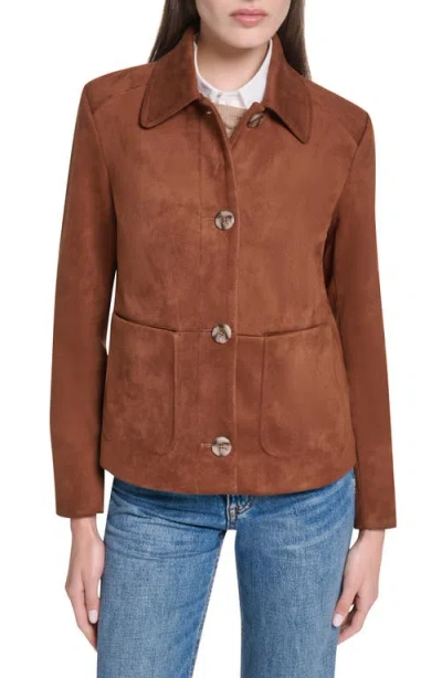 Cole Haan Faux Suede Button Front Jacket In Brown