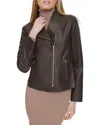 Cole Haan Moulded Collar Asymmetric Leather Jacket - Beige Size Small
