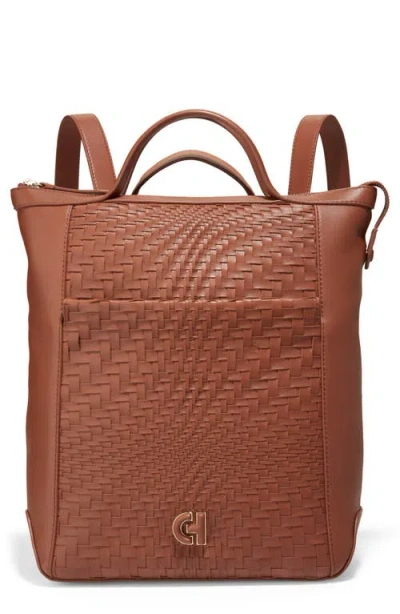 Cole Haan Grand Ambition Small Convertible Leather Backpack In British Tan/woven