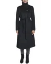 Cole Haan High Neck Slick Wool-blend Belted Coat In Black