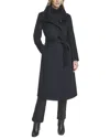 Cole Haan High Neck Slick Wool-blend Belted Coat In Blue