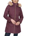 Cole Haan Hooded Faux Fur Trim Puffer Coat In Merlot
