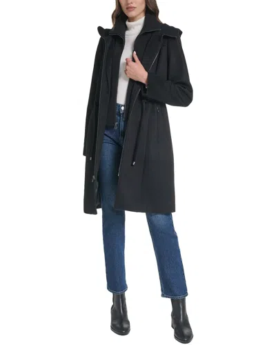 Cole Haan Hooded Slick Wool-blend Zip Up Coat In Black