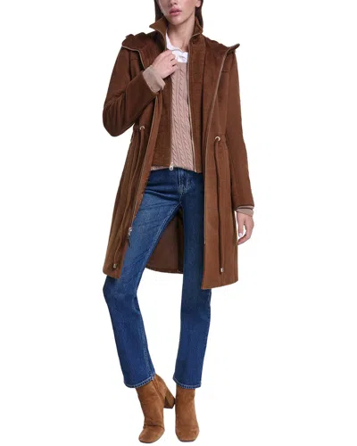 Cole Haan Hooded Slick Wool-blend Zip Up Coat In Brown