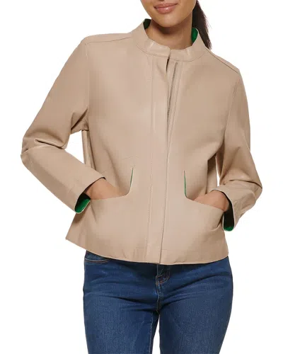 Cole Haan Laser Cut Double Face Leather Jacket In Neutral