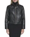 Cole Haan Stand Collar Leather Bomber Jacket In Black