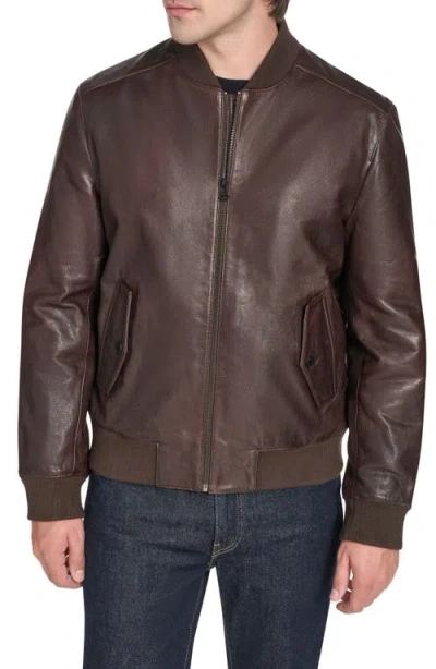 Cole Haan Leather Bomber Jacket In Brown