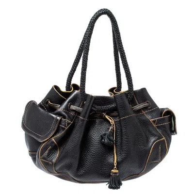 Cole Haan Leather Drawstring Braided Handle Hobo In Black