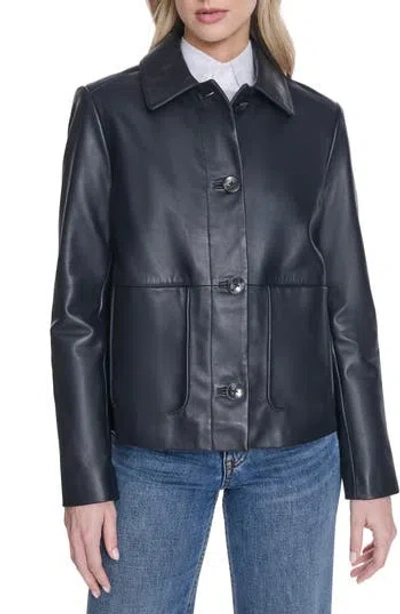 Cole Haan Leather Jacket In Navy
