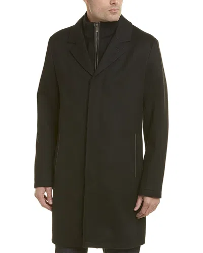 Cole Haan Leather-trim Wool-blend Coat In Black
