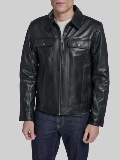Cole Haan Leather Trucker Jacket In Black