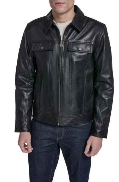 Cole Haan Leather Trucker Jacket In Black