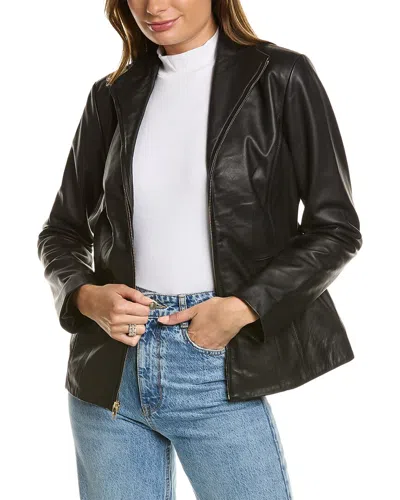 Cole Haan Leather Zip Front Jacket In Black