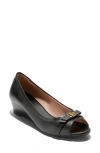 Cole Haan Malta Peep Toe Wedge Pump In Black Leather