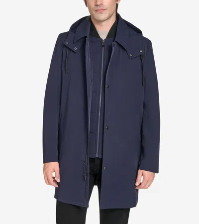 COLE HAAN COLE HAAN MEN'S 3 IN 1 HOODED MAC COAT - BLUE SIZE LARGE WATER-RESISTANT