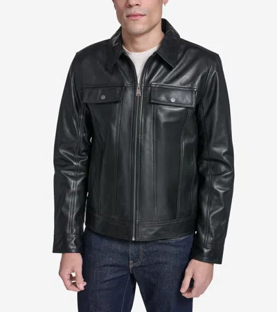 Cole Haan Leather Trucker Jacket In Black