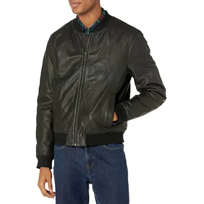 Pre-owned Cole Haan Men's Varsity Genuine Leather Jacket In Black