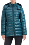 Cole Haan Pearlized Mixed Quilt Hooded Puffer Coat In Emerald