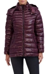 Cole Haan Pearlized Mixed Quilt Hooded Puffer Coat In Sangria