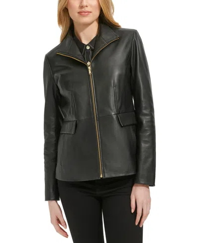Cole Haan Petite Wing-collar Leather Jacket In Black
