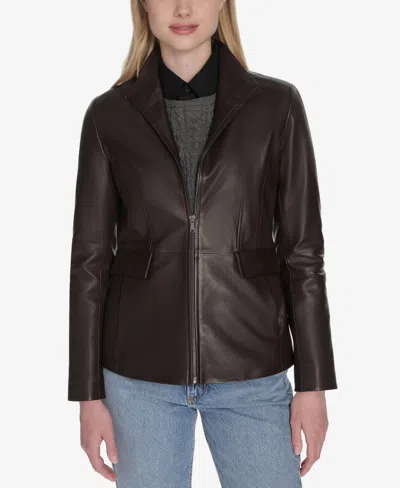 Cole Haan Petite Wing-collar Leather Jacket In Brown