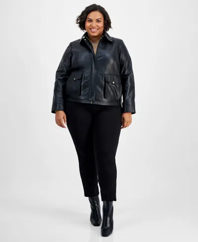 Cole Haan Plus Size Leather Zip-front Collared Coat In Black