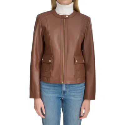 Cole Haan Quilted Leather Jacket In Brown