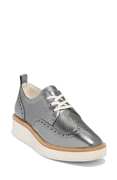 Cole Haan Women's Lace Up Platform Brogue Wingtip Oxford Flats In Pewter Metal