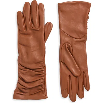Cole Haan Ruched Leather Gloves In Brown